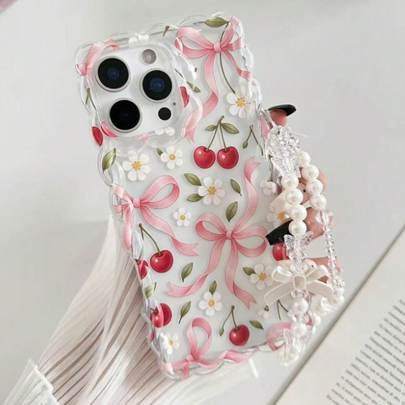 Phone Accessories Beads - Kiraz Fiyonklu Çiçekli Taraklı Dantel Kenarlı